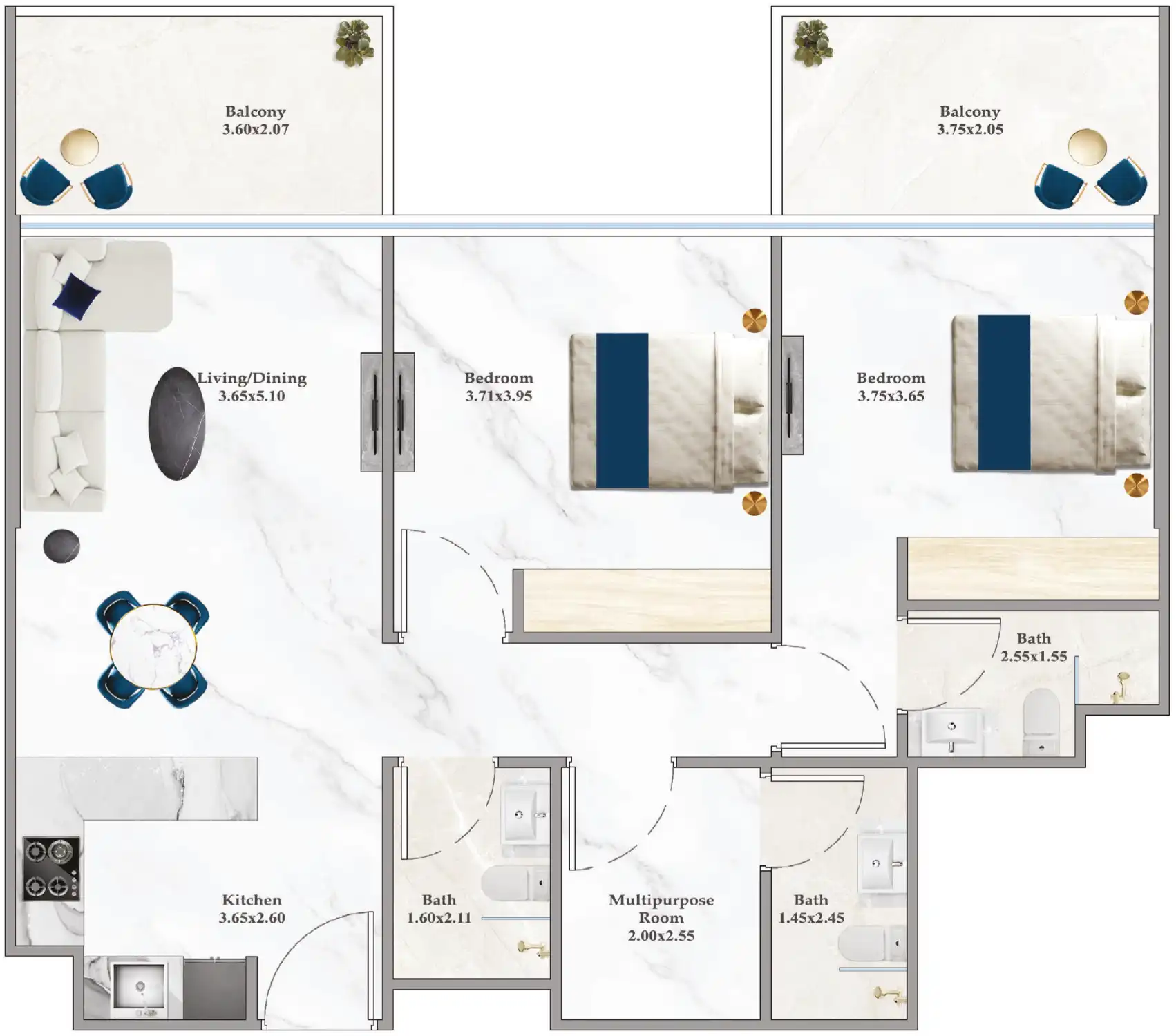 2 Bedrooms Apartment